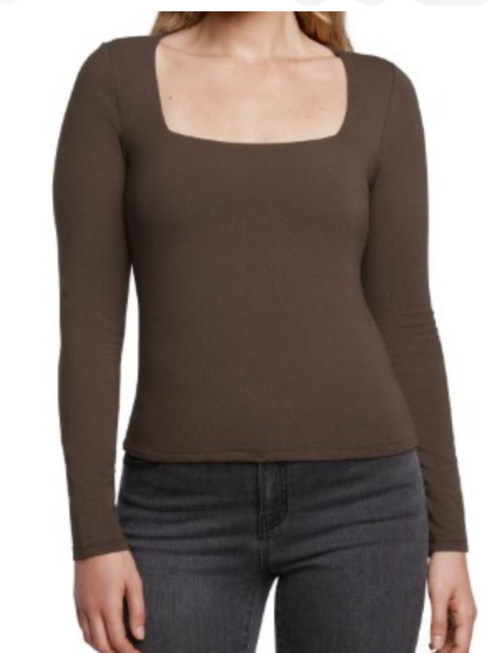 Express Square Neck Long Sleeve Top - Brown